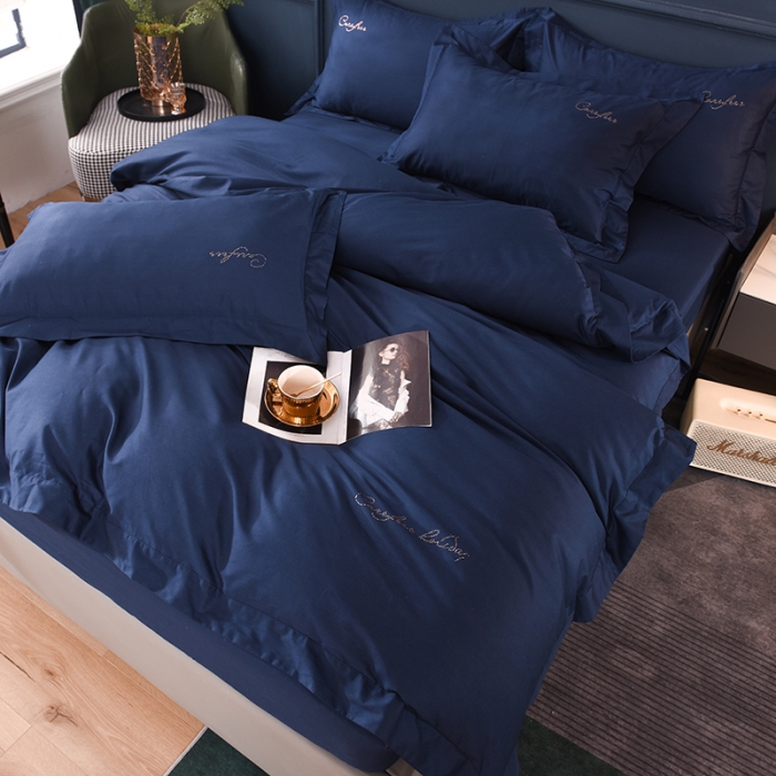 91家纺网 家纺一手货源 找家纺 甜之梦2025新款13374经典工艺款纯色长绒棉四件套 藏青