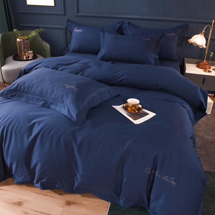 91家纺网 家纺一手货源 找家纺 甜之梦2025新款13374经典工艺款纯色长绒棉四件套 藏青