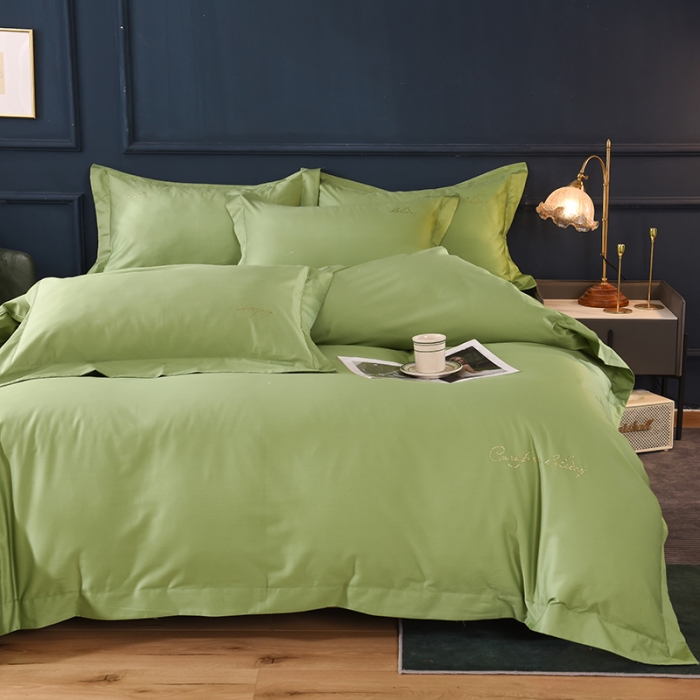 91家纺网 家纺一手货源 找家纺 甜之梦2025新款13374经典工艺款纯色长绒棉四件套 果绿