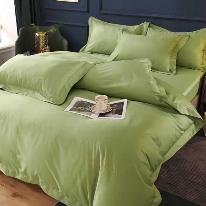 91家纺网 家纺一手货源 找家纺 甜之梦2025新款13374经典工艺款纯色长绒棉四件套 果绿