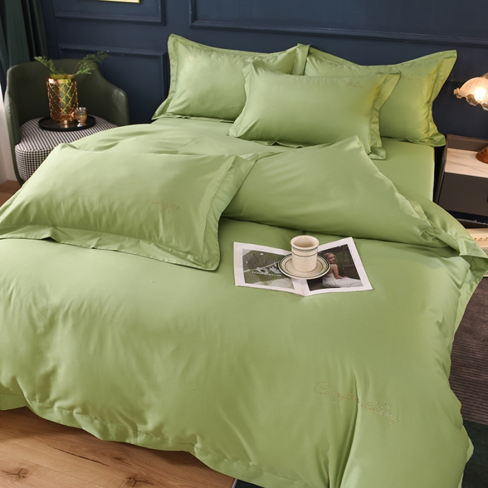 91家纺网 家纺一手货源 找家纺 甜之梦2025新款13374经典工艺款纯色长绒棉四件套 果绿
