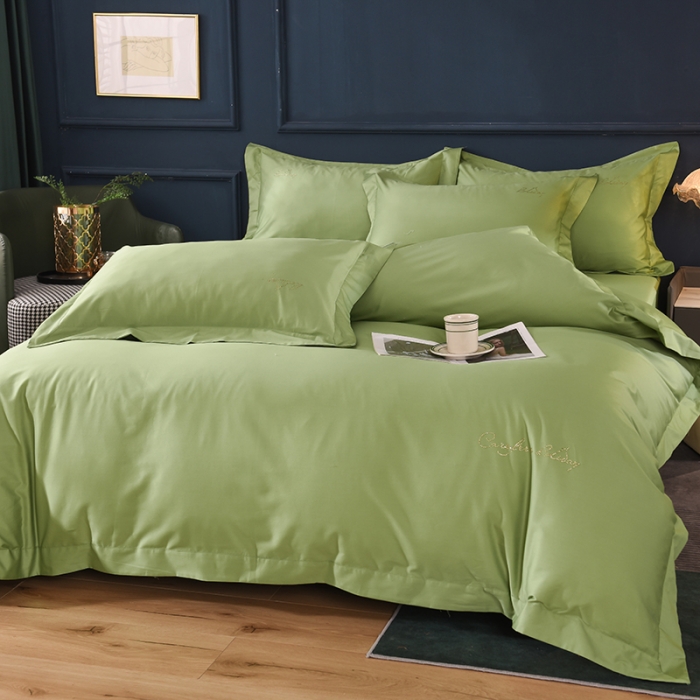 91家纺网 家纺一手货源 找家纺 甜之梦2025新款13374经典工艺款纯色长绒棉四件套 果绿