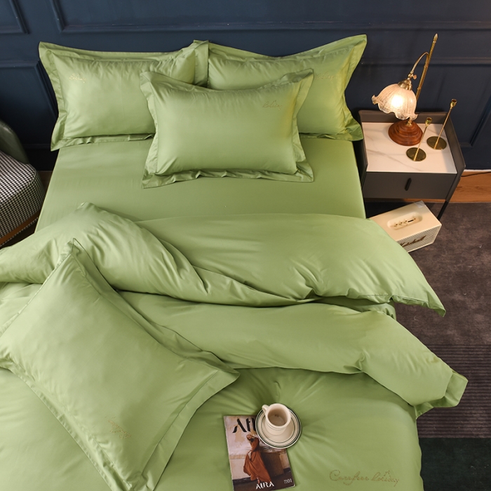 91家纺网 家纺一手货源 找家纺 甜之梦2025新款13374经典工艺款纯色长绒棉四件套 果绿