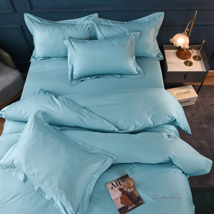 91家纺网 家纺一手货源 找家纺 甜之梦2025新款13374经典工艺款纯色长绒棉四件套深海蓝