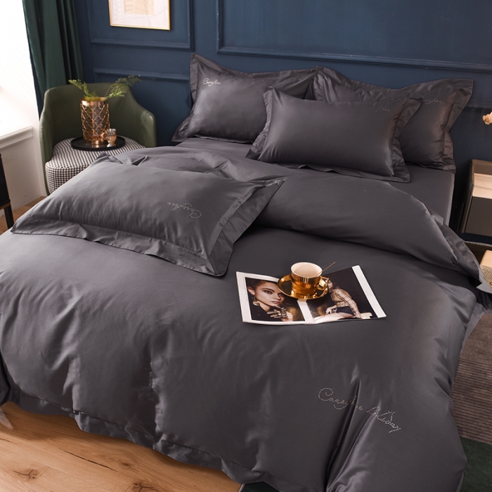 91家纺网 家纺一手货源 找家纺 甜之梦2025新款13374经典工艺款纯色长绒棉四件套深灰色