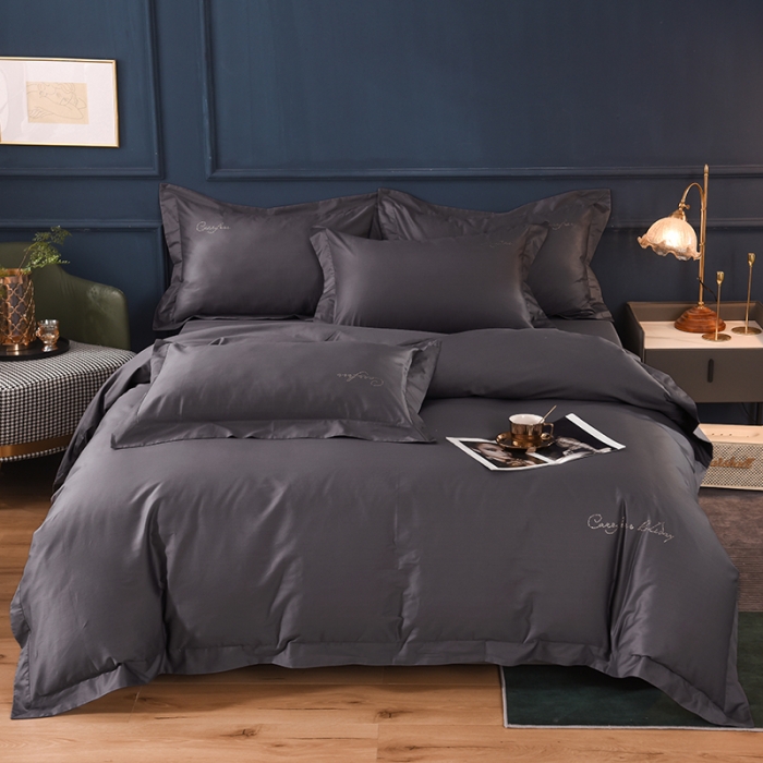 91家纺网 家纺一手货源 找家纺 甜之梦2025新款13374经典工艺款纯色长绒棉四件套深灰色