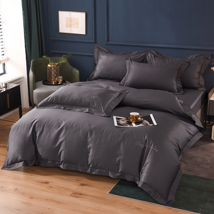 91家纺网 家纺一手货源 找家纺 甜之梦2025新款13374经典工艺款纯色长绒棉四件套深灰色