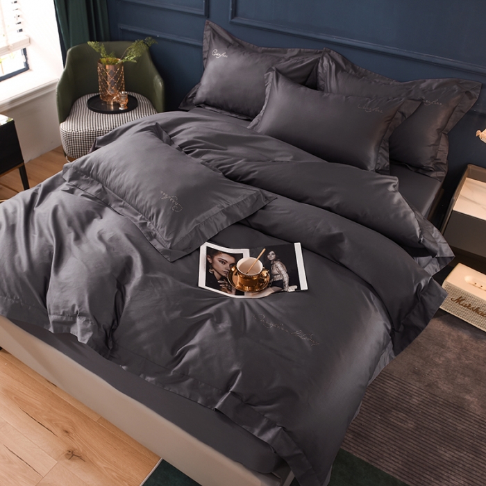 91家纺网 家纺一手货源 找家纺 甜之梦2025新款13374经典工艺款纯色长绒棉四件套深灰色