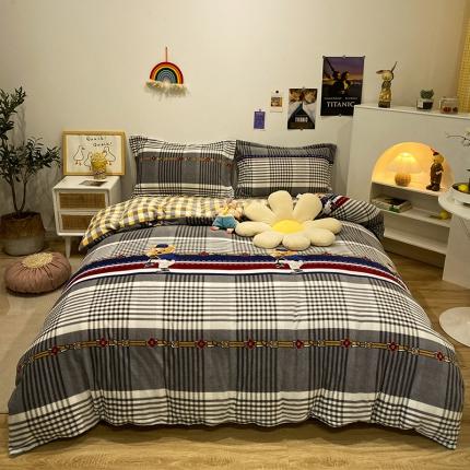 珺柔家纺2021新款牛奶绒印花四件套 格子小熊