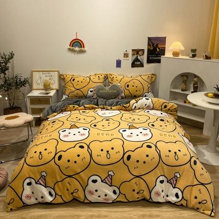 91家纺网 家纺一手货源 找家纺 珺柔家纺2021新款牛奶绒印花四件套 熊头黄