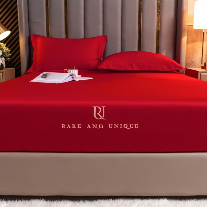 91家纺网 家纺一手货源 找家纺 秀色 50支贡缎床笠单件全棉纯棉床罩三件套海棠红