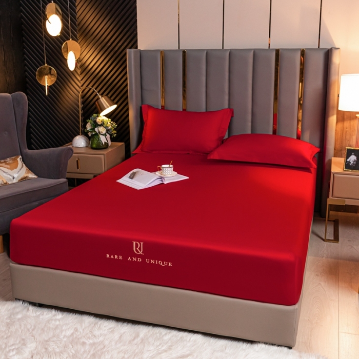 91家纺网 家纺一手货源 找家纺 秀色 50支贡缎床笠单件全棉纯棉床罩三件套海棠红