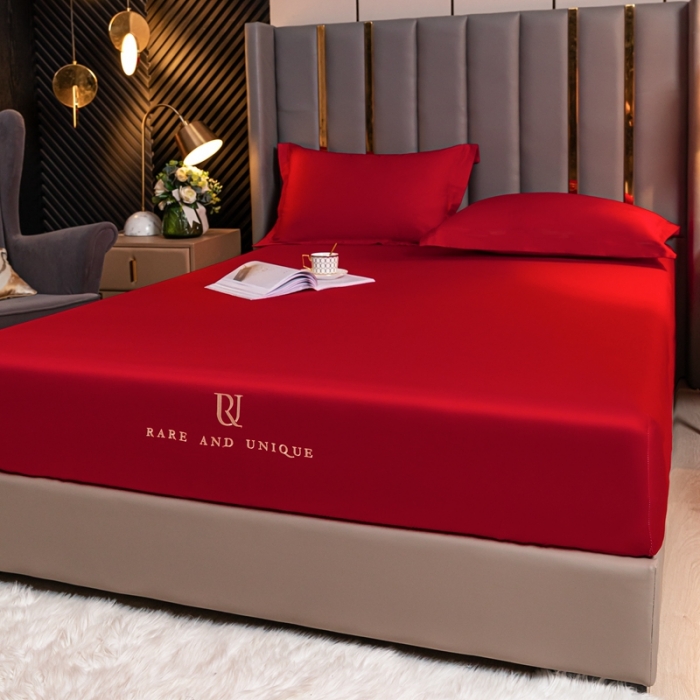 91家纺网 家纺一手货源 找家纺 秀色 50支贡缎床笠单件全棉纯棉床罩三件套海棠红