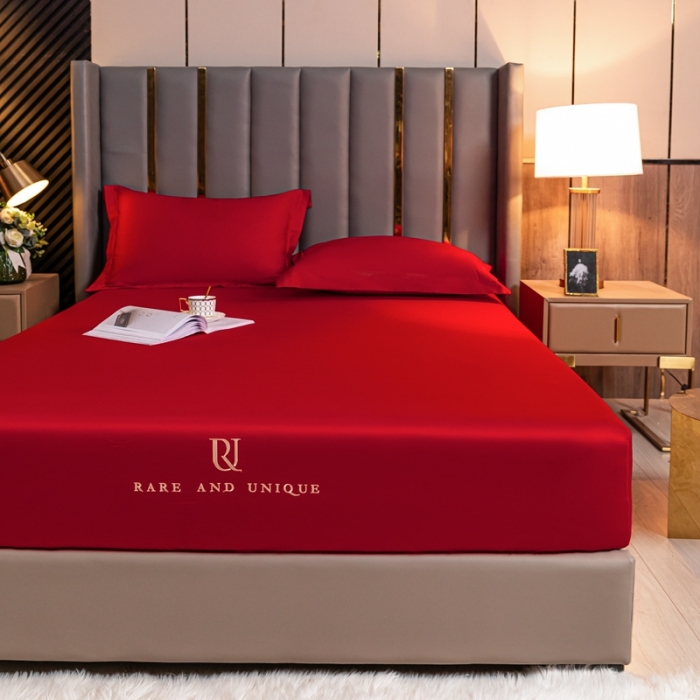 91家纺网 家纺一手货源 找家纺 秀色 50支贡缎床笠单件全棉纯棉床罩三件套海棠红