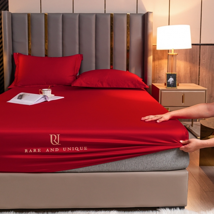 91家纺网 家纺一手货源 找家纺 秀色 50支贡缎床笠单件全棉纯棉床罩三件套海棠红