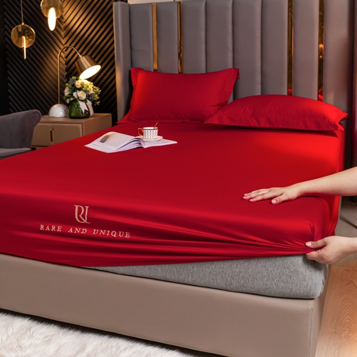 91家纺网 家纺一手货源 找家纺 秀色 50支贡缎床笠单件全棉纯棉床罩三件套海棠红