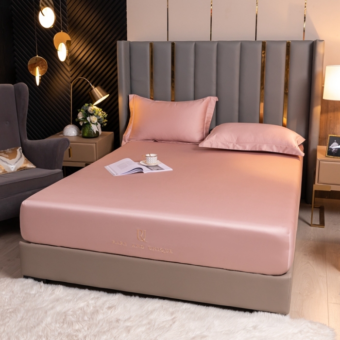 91家纺网 家纺一手货源 找家纺 秀色 50支贡缎床笠单件全棉纯棉床罩三件套玉颜粉