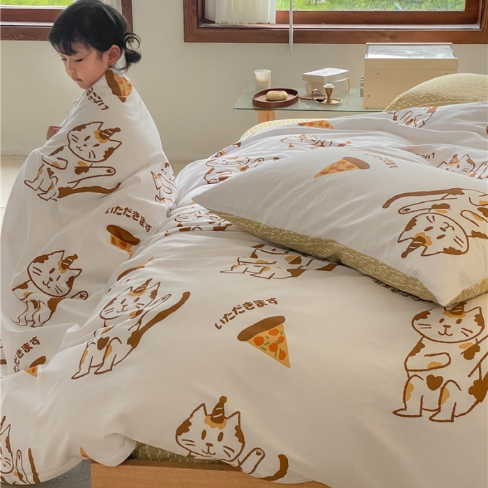 91家纺网 家纺一手货源 找家纺 棉眠 2021新款全棉宠物商店卡通系列四件套 喵酱披萨酱