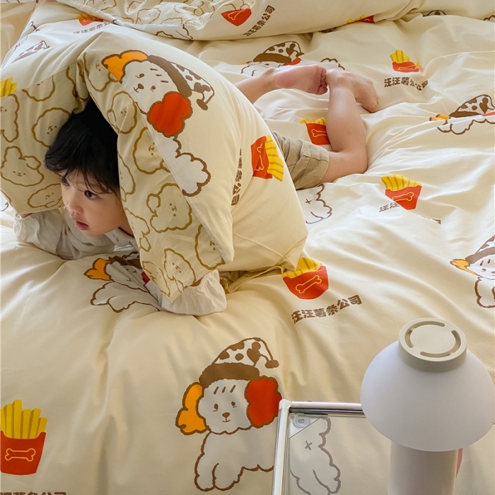 91家纺网 家纺一手货源 找家纺 棉眠 2021新款全棉宠物商店卡通系列四件套 汪汪薯条公司