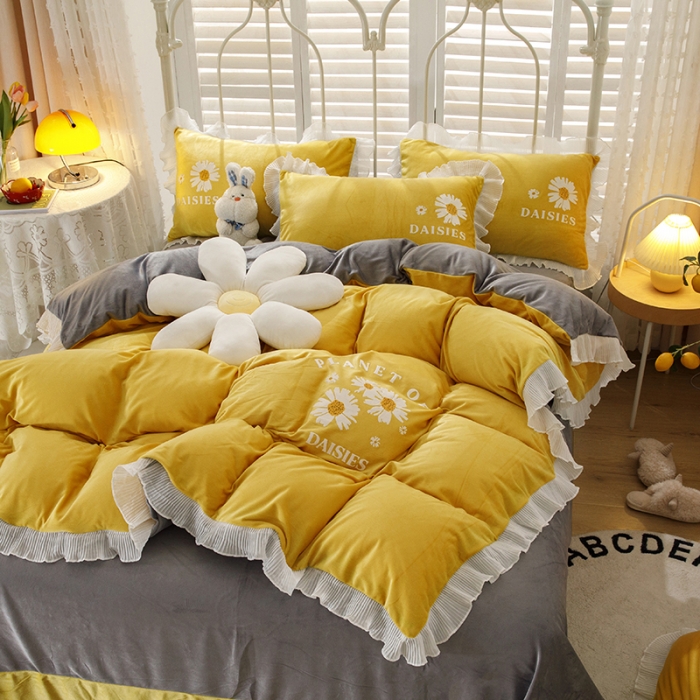 91家纺网 家纺一手货源 找家纺 纽缦 2021新款韩版水晶绒床单四件套法莱水晶牛奶 小雏菊-姜黄灰