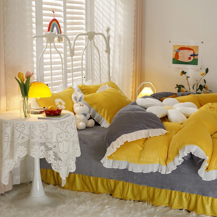 91家纺网 家纺一手货源 找家纺 纽缦 2021新款韩版水晶绒床单四件套法莱水晶牛奶 小雏菊-姜黄灰