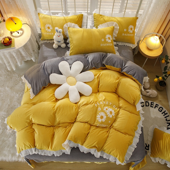 91家纺网 家纺一手货源 找家纺 纽缦 2021新款韩版水晶绒床单四件套法莱水晶牛奶 小雏菊-姜黄灰