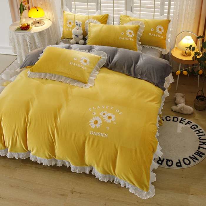 91家纺网 家纺一手货源 找家纺 纽缦 2021新款韩版水晶绒床单四件套法莱水晶牛奶 小雏菊-姜黄灰