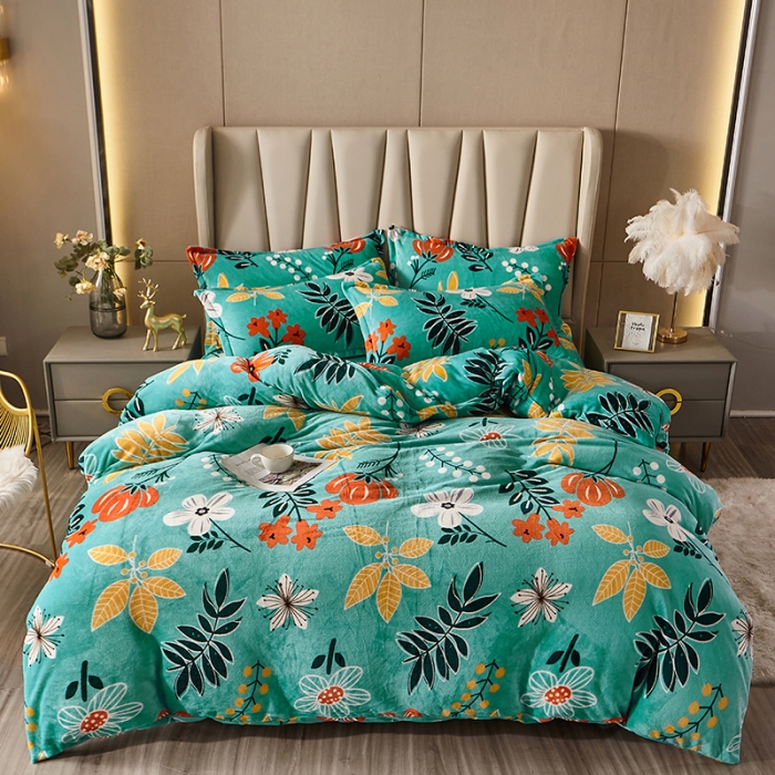 91家纺网 家纺一手货源 找家纺 纽缦 2021新款牛奶绒四件套法莱水晶宝宝绒 春雨绿