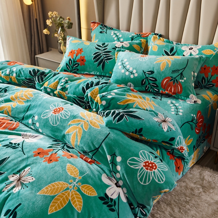 91家纺网 家纺一手货源 找家纺 纽缦 2021新款牛奶绒四件套法莱水晶宝宝绒 春雨绿