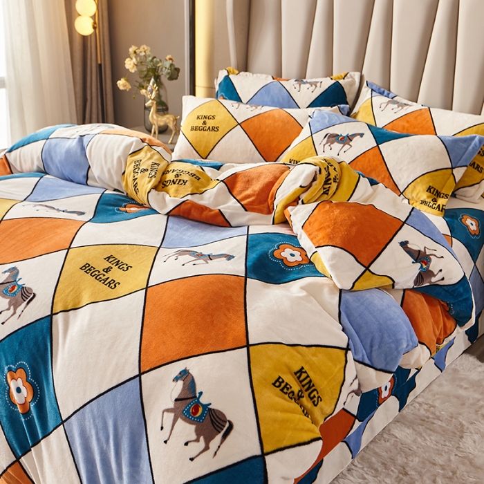 91家纺网 家纺一手货源 找家纺 纽缦 2021新款牛奶绒四件套法莱水晶宝宝绒 皇家白马