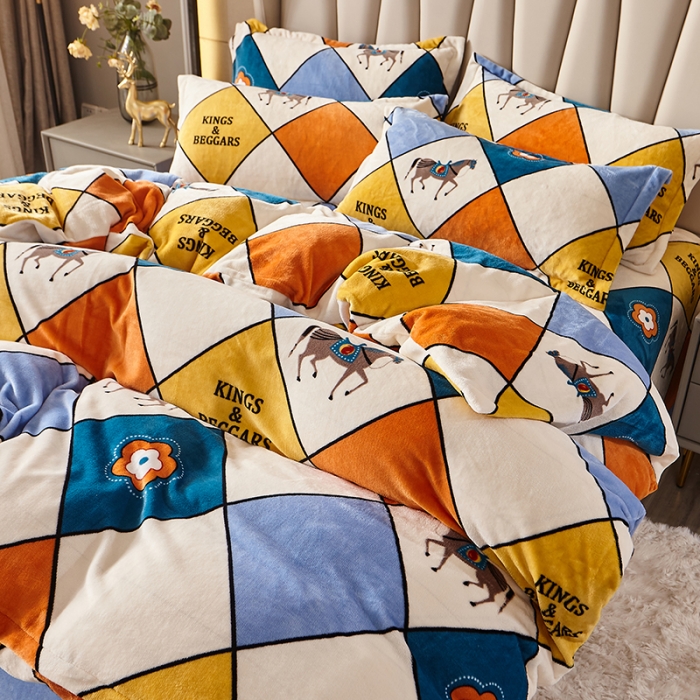 91家纺网 家纺一手货源 找家纺 纽缦 2021新款牛奶绒四件套法莱水晶宝宝绒 皇家白马