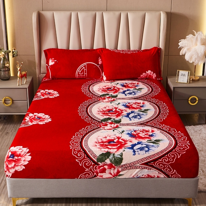 91家纺网 家纺一手货源 找家纺 纽缦 2021新款牛奶绒四件套法莱水晶宝宝绒 今生缘红（大版）