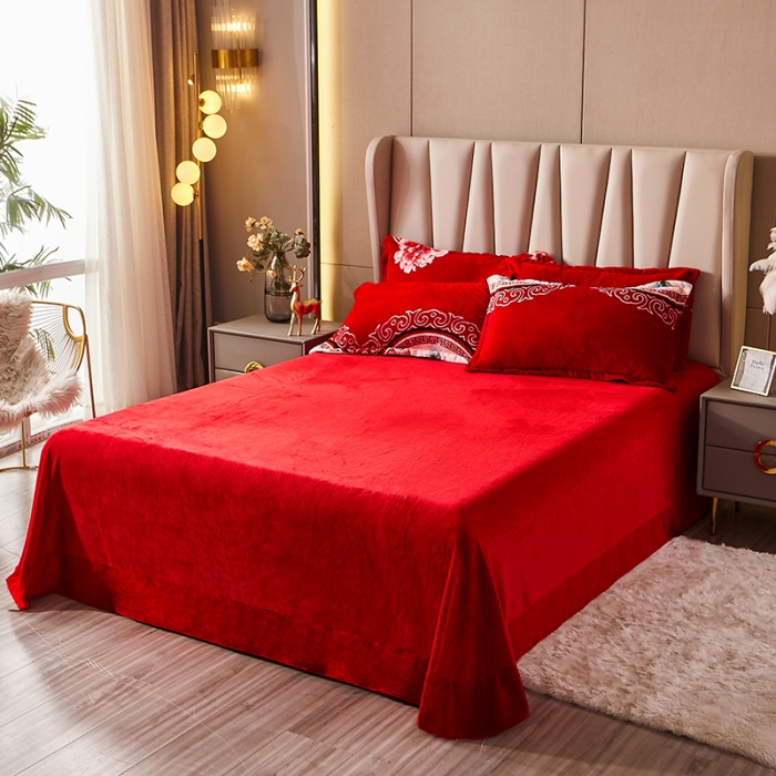 91家纺网 家纺一手货源 找家纺 纽缦 2021新款牛奶绒四件套法莱水晶宝宝绒 今生缘红（大版）