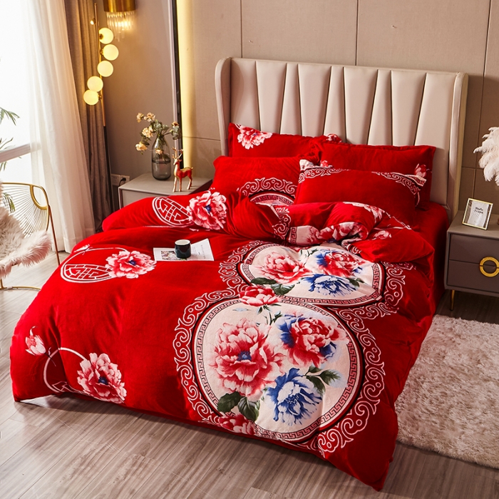 91家纺网 家纺一手货源 找家纺 纽缦 2021新款牛奶绒四件套法莱水晶宝宝绒 今生缘红（大版）