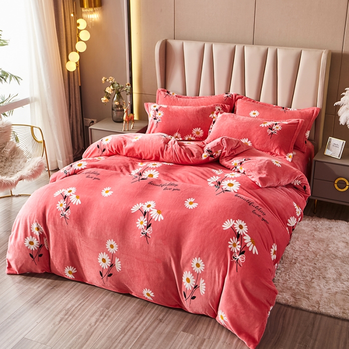 91家纺网 家纺一手货源 找家纺 纽缦 2021新款牛奶绒四件套法莱水晶宝宝绒 菊之语红