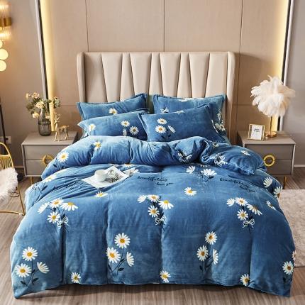 91家纺网 家纺一手货源 找家纺 纽缦 2021新款牛奶绒四件套法莱水晶宝宝绒 菊之语蓝