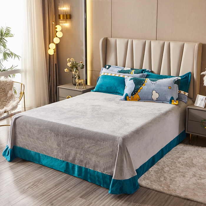 91家纺网 家纺一手货源 找家纺 纽缦 2021新款牛奶绒四件套法莱水晶宝宝绒 恐龙世界蓝（大版）