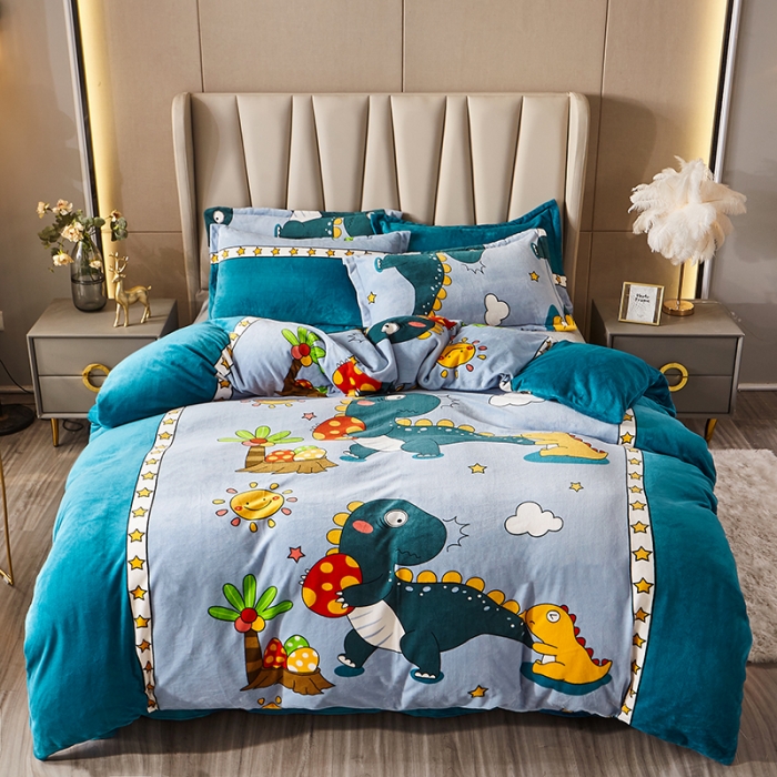 91家纺网 家纺一手货源 找家纺 纽缦 2021新款牛奶绒四件套法莱水晶宝宝绒 恐龙世界蓝（大版）