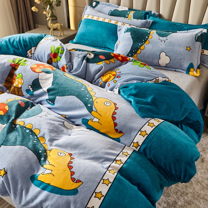 91家纺网 家纺一手货源 找家纺 纽缦 2021新款牛奶绒四件套法莱水晶宝宝绒 恐龙世界蓝（大版）