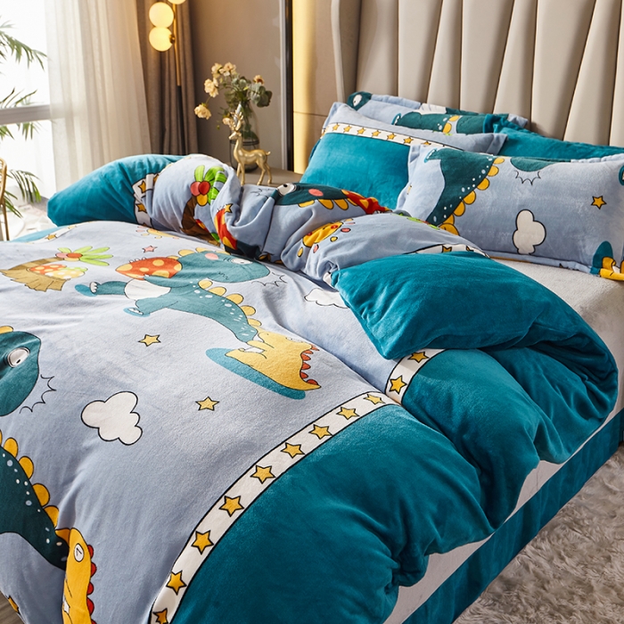 91家纺网 家纺一手货源 找家纺 纽缦 2021新款牛奶绒四件套法莱水晶宝宝绒 恐龙世界蓝（大版）
