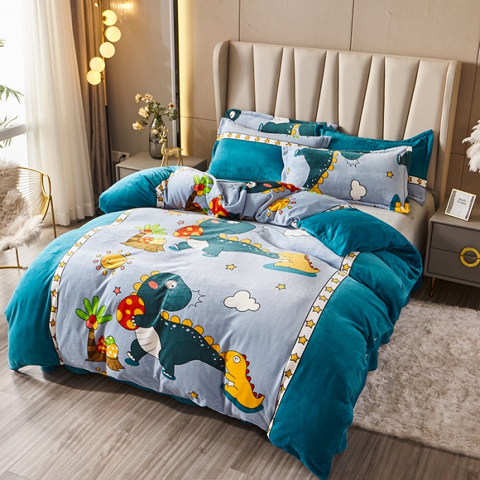 91家纺网 家纺一手货源 找家纺 纽缦 2021新款牛奶绒四件套法莱水晶宝宝绒 恐龙世界蓝（大版）