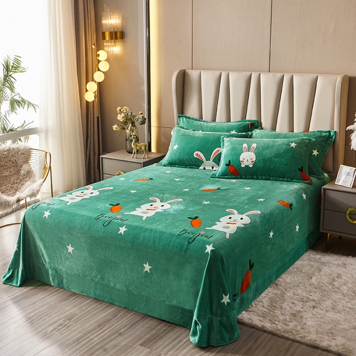 91家纺网 家纺一手货源 找家纺 纽缦 2021新款牛奶绒四件套法莱水晶宝宝绒 萝卜兔绿