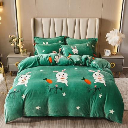 纽缦 2021新款牛奶绒四件套法莱水晶宝宝绒 萝卜兔绿