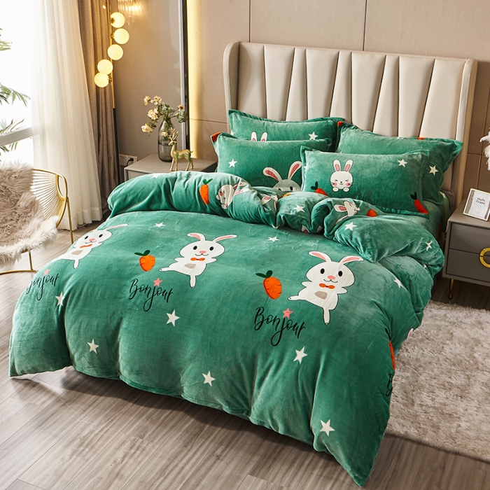 91家纺网 家纺一手货源 找家纺 纽缦 2021新款牛奶绒四件套法莱水晶宝宝绒 萝卜兔绿