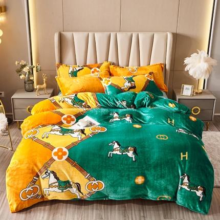 91家纺网 家纺一手货源 找家纺 纽缦 2021新款牛奶绒四件套法莱水晶宝宝绒 马到成功绿（大版）