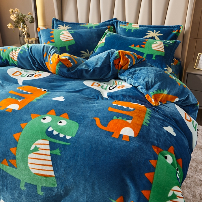 91家纺网 家纺一手货源 找家纺 纽缦 2021新款牛奶绒四件套法莱水晶宝宝绒 萌萌龙