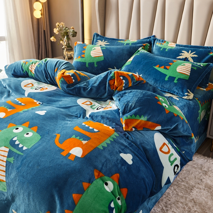 91家纺网 家纺一手货源 找家纺 纽缦 2021新款牛奶绒四件套法莱水晶宝宝绒 萌萌龙