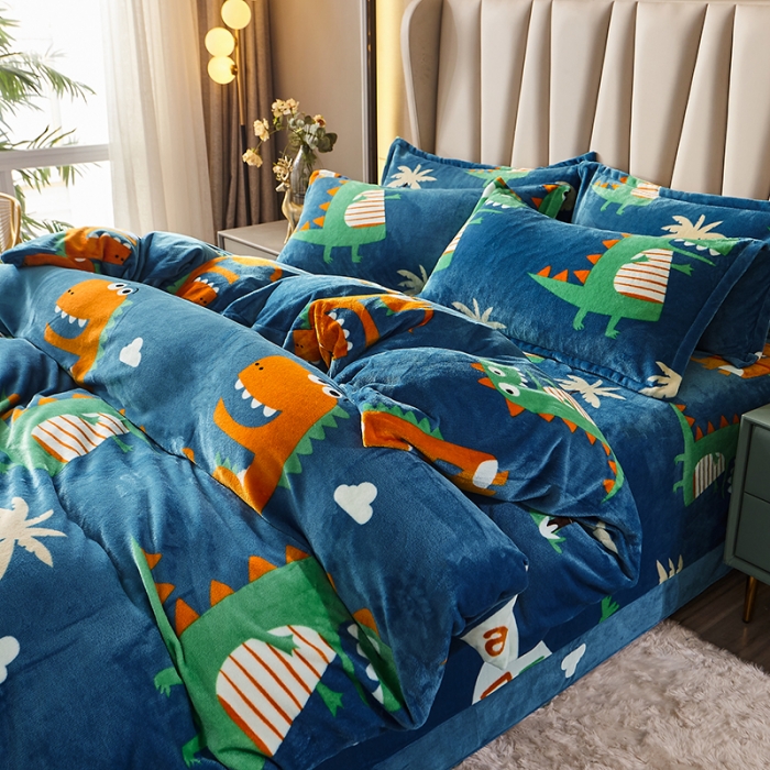 91家纺网 家纺一手货源 找家纺 纽缦 2021新款牛奶绒四件套法莱水晶宝宝绒 萌萌龙