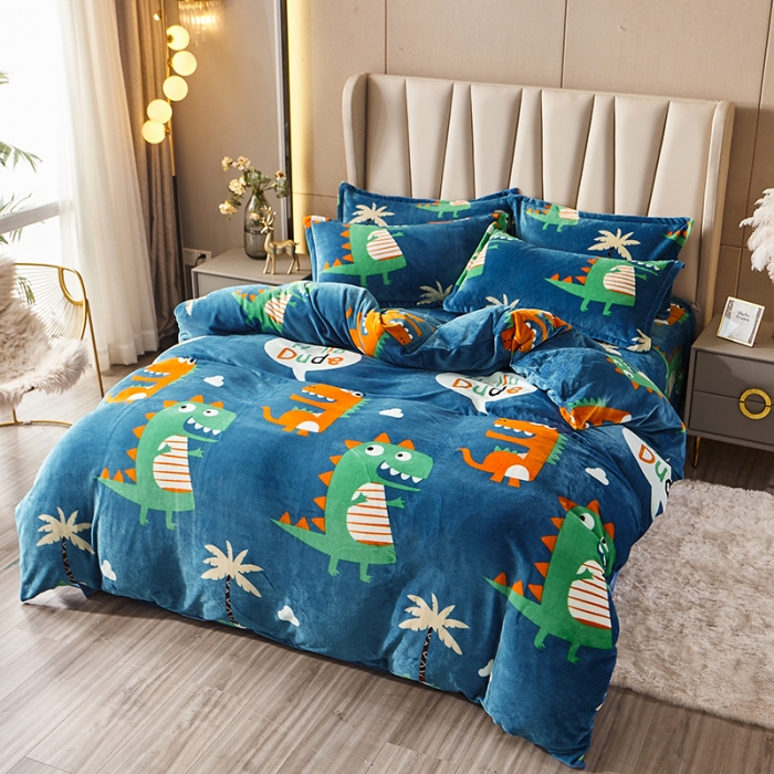 91家纺网 家纺一手货源 找家纺 纽缦 2021新款牛奶绒四件套法莱水晶宝宝绒 萌萌龙