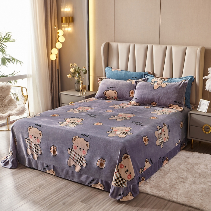 91家纺网 家纺一手货源 找家纺 纽缦 2021新款牛奶绒四件套法莱水晶宝宝绒 摩卡小熊灰咖